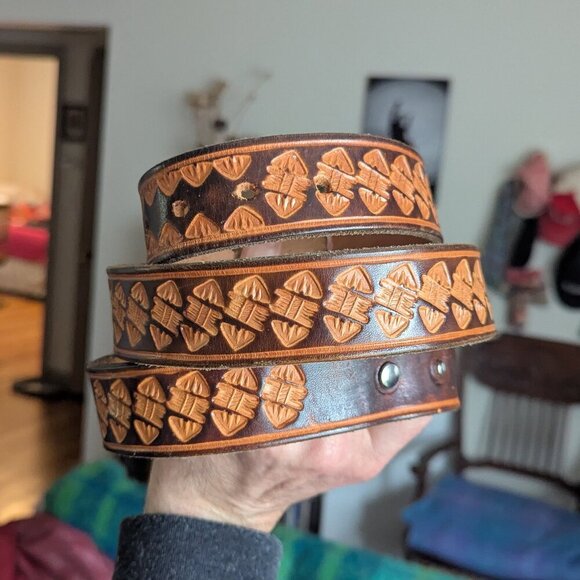 Vintage Tooled Leather Belt Western Boho Embossed Southwest Rodeo Unisex - Picture 3 of 8